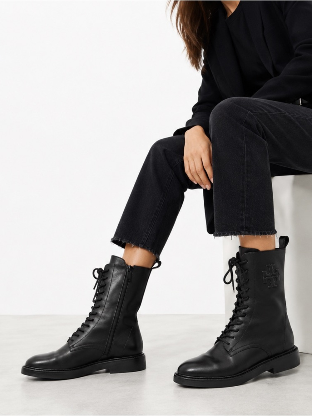Tory Burch Black Leather T Embossed Combat Boots Lace-Up Logo Mid-Calf Lug Sole